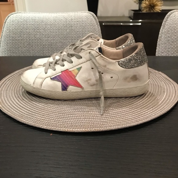Golden Goose Superstar Sneakers. White leather w/rainbow star and glitter back - Picture 4 of 6